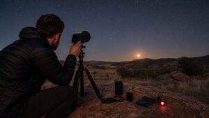 Night-sky scene illustrating a gear-and-settings field manual organized around the first three successful image types