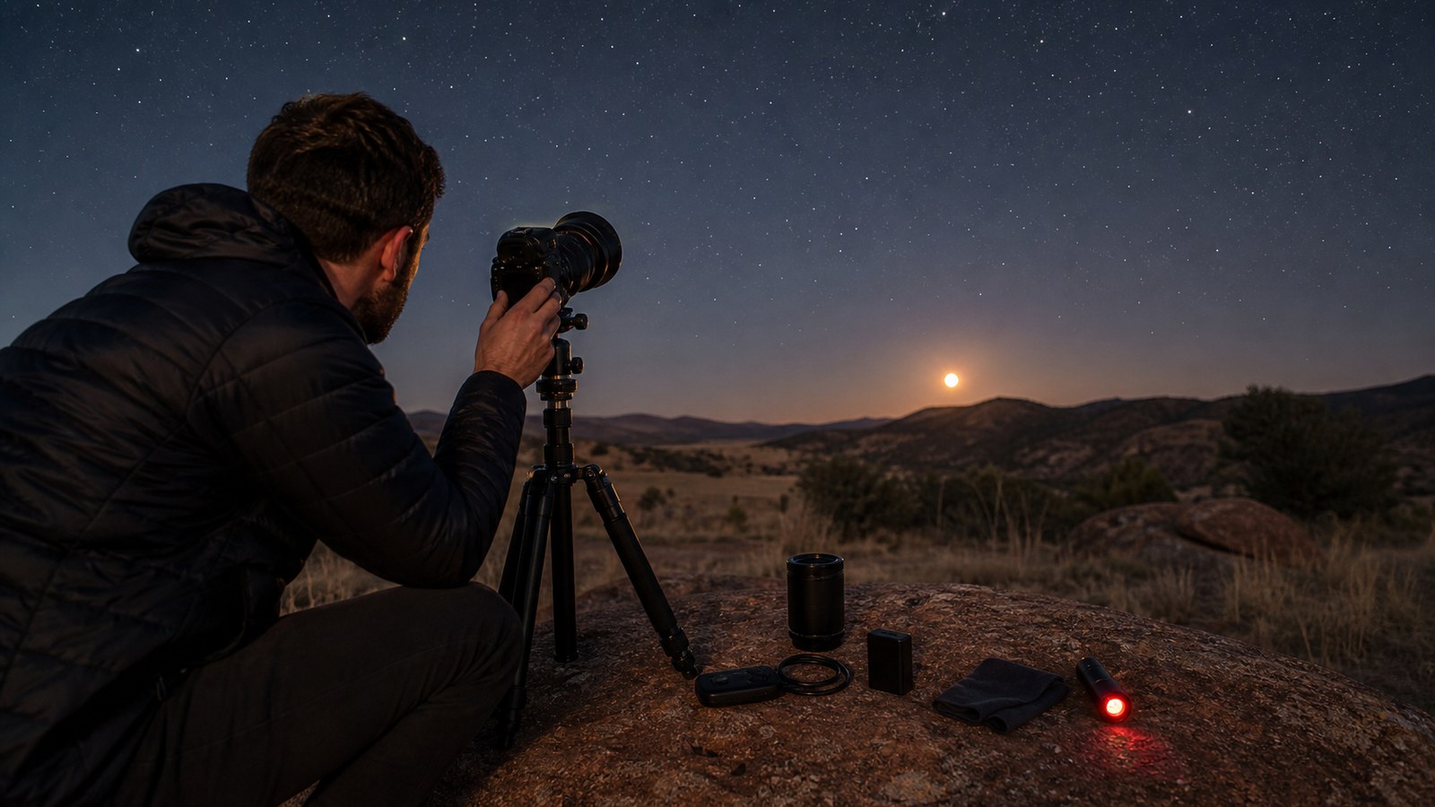 Night-sky scene illustrating a gear-and-settings field manual organized around the first three successful image types