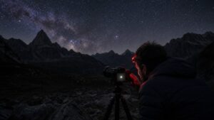 Night-sky scene illustrating a first-principles photography workflow linking exposure, focus, stability, sky motion, and field processing