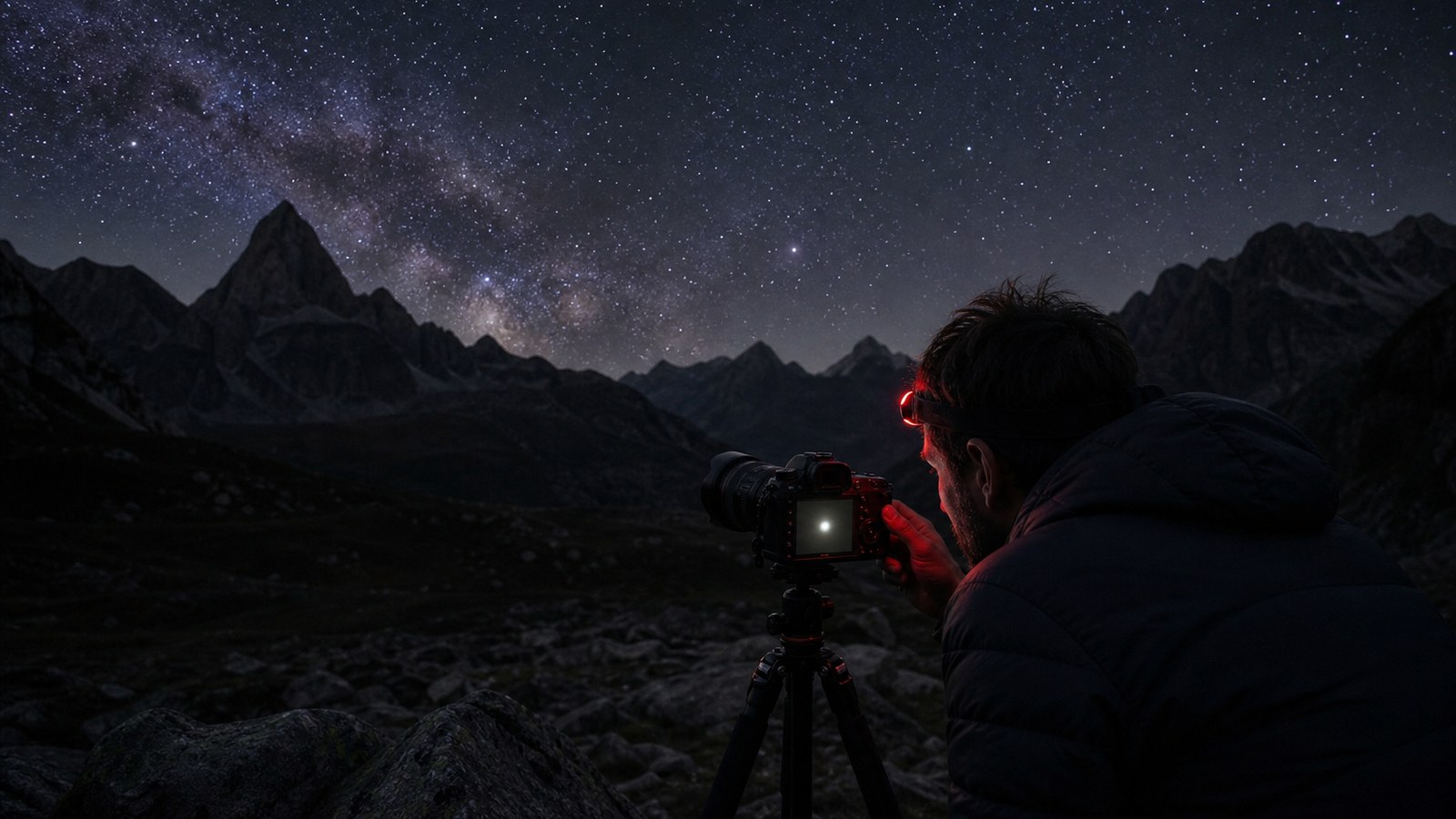 Night-sky scene illustrating a first-principles photography workflow linking exposure, focus, stability, sky motion, and field processing