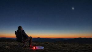 Night-sky scene illustrating a first-night observing plan built around adaptation, orientation, and a short sequence of dependable targets