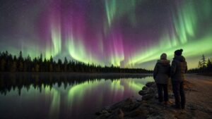 Night-sky scene illustrating a 2026 planning guide that separates seasonal darkness from unpredictable geomagnetic activity