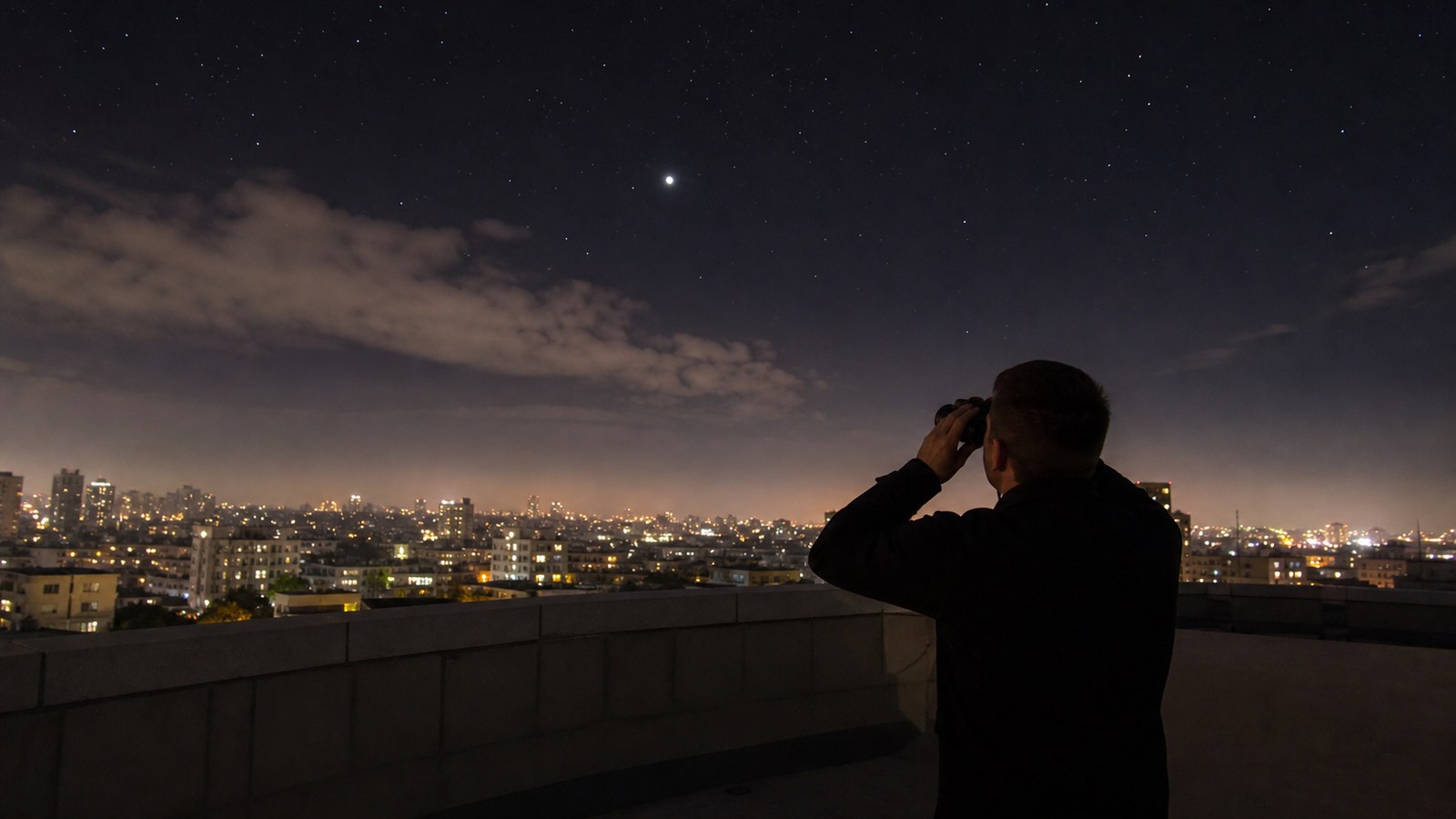 Night-sky scene illustrating urban observing as contrast management: target selection, local shielding, timing, altitude, and repeatable micro-sites