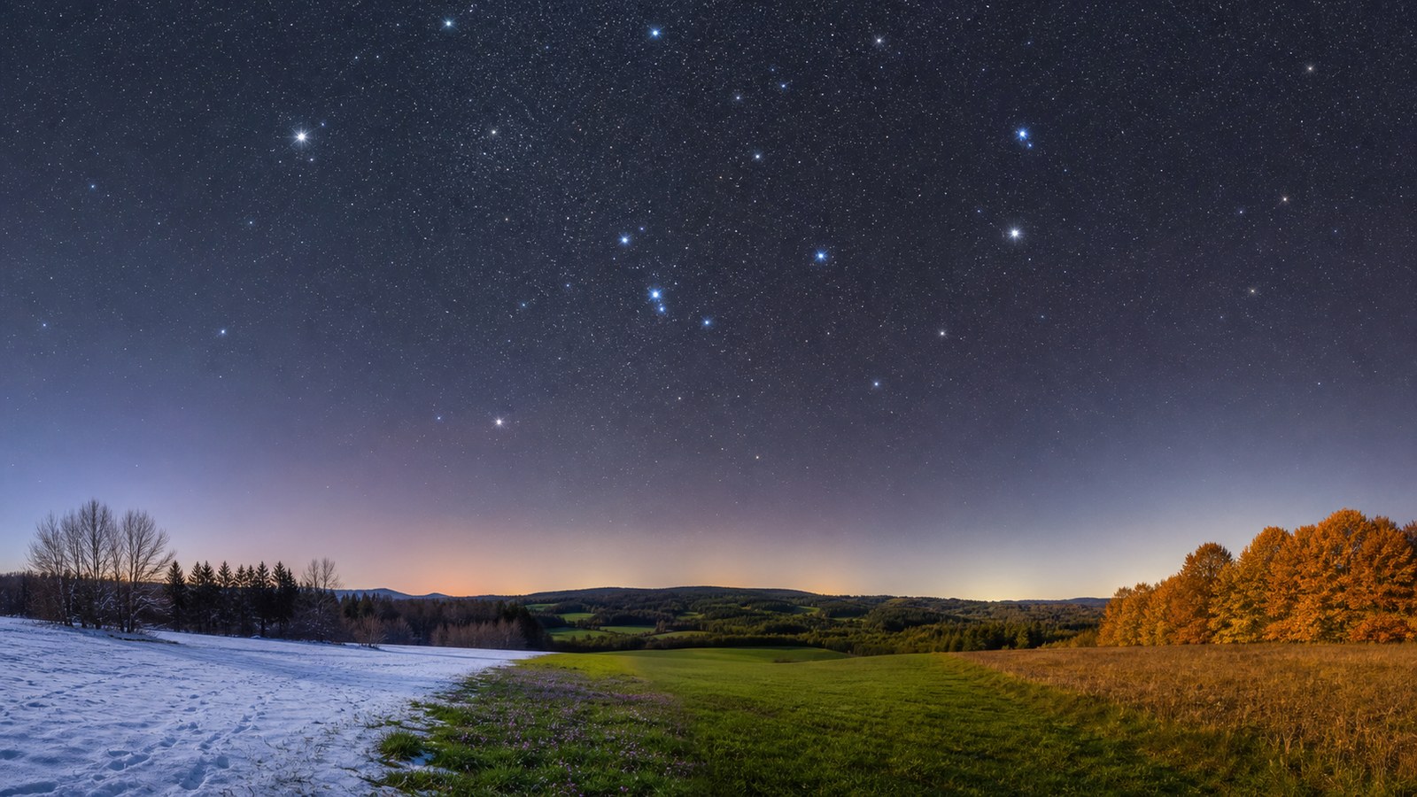 Night-sky scene illustrating a seasonal navigation atlas explaining why evening constellations change and which anchor patterns lead to others
