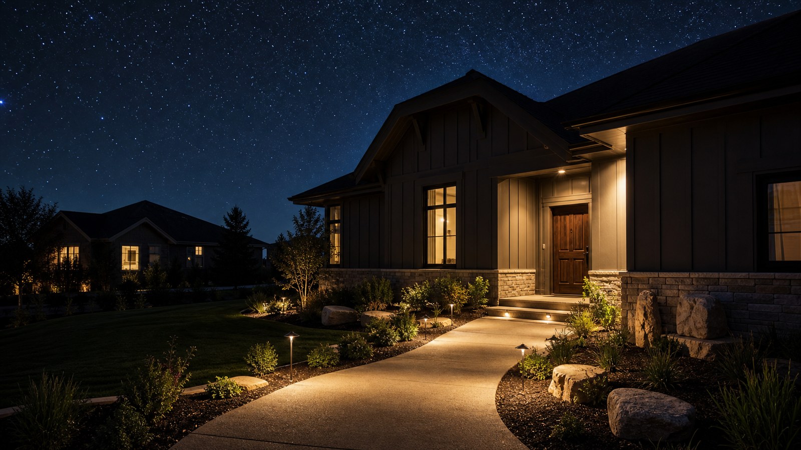 Night-sky scene illustrating a fixture-by-fixture home audit using purpose, shielding, brightness, control, and color as engineering tests