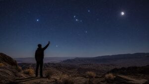 Night-sky scene illustrating an equipment-free observing course emphasizing naked-eye astronomy, hand measurements, lunar cycles, meteors, and satellites