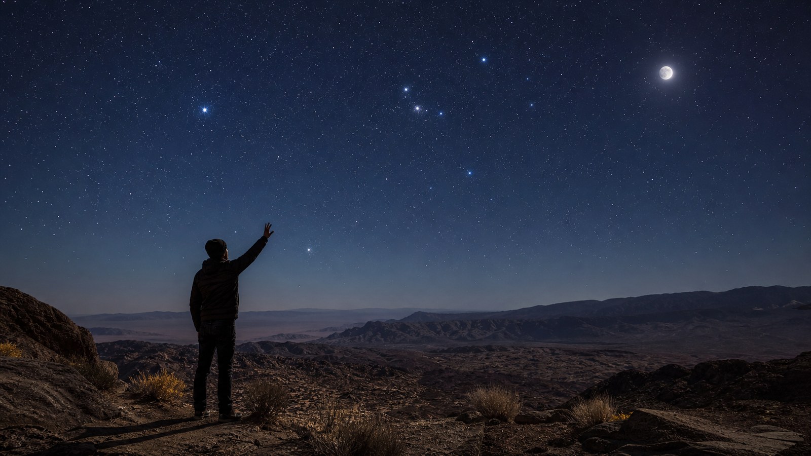 Night-sky scene illustrating an equipment-free observing course emphasizing naked-eye astronomy, hand measurements, lunar cycles, meteors, and satellites