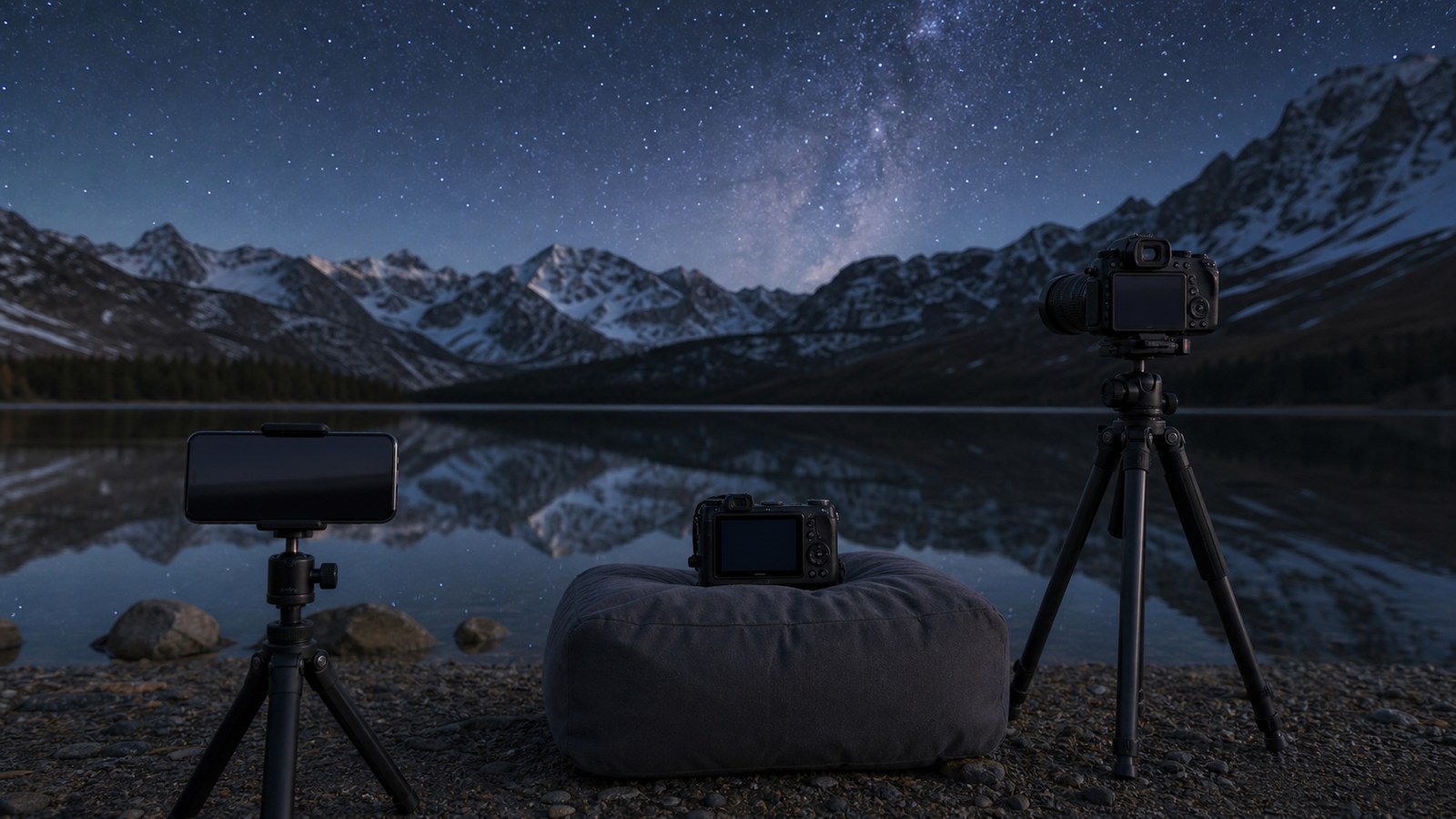 Night-sky scene illustrating a camera-agnostic approach that adapts technique to phones, compacts, mirrorless cameras, and dslrs