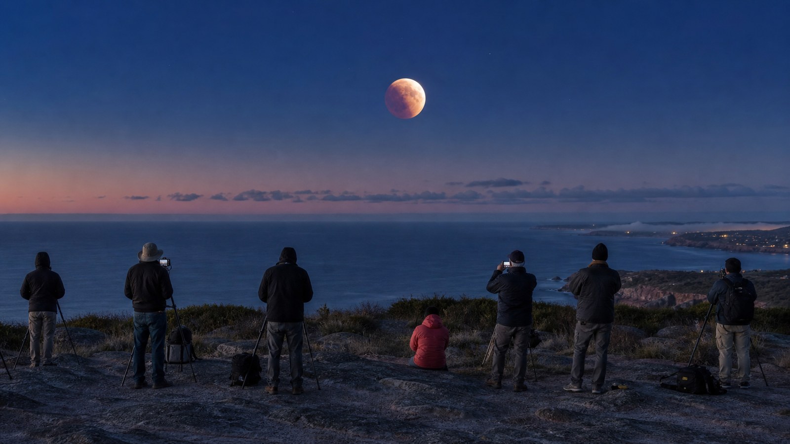 Night-sky scene illustrating a location-and-clock interpretation guide for the remaining 2026 partial lunar eclipse, with the march total eclipse treated as past