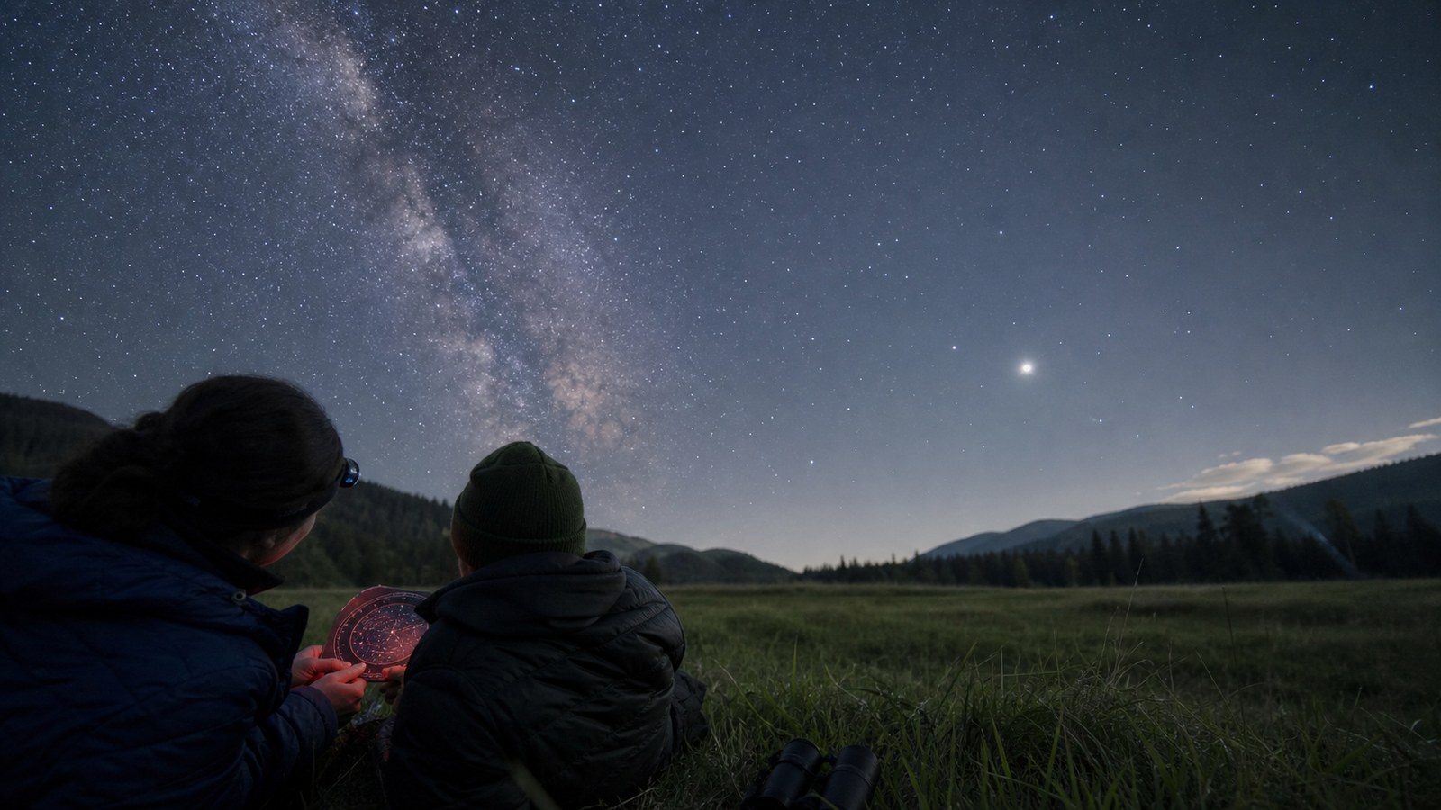 Night-sky scene illustrating a systems-level primer connecting sky motion, equipment choices, observing conditions, and skill development