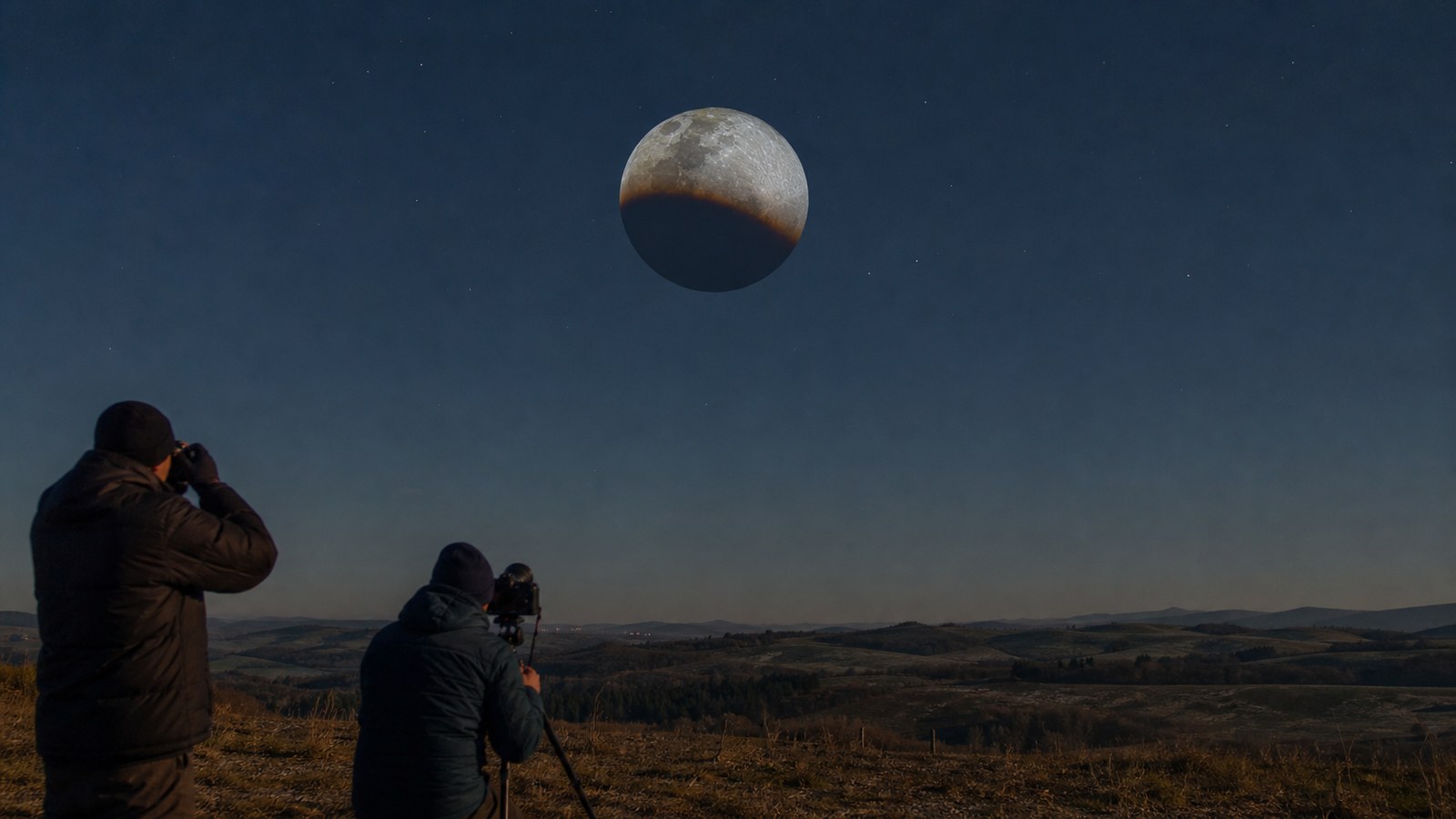 Night-sky scene illustrating an upcoming-event guide centered on the august 27–28, 2026 partial lunar eclipse, with mechanics and timing interpretation