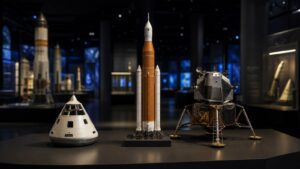 Three unmarked spacecraft models in an aerospace museum setting