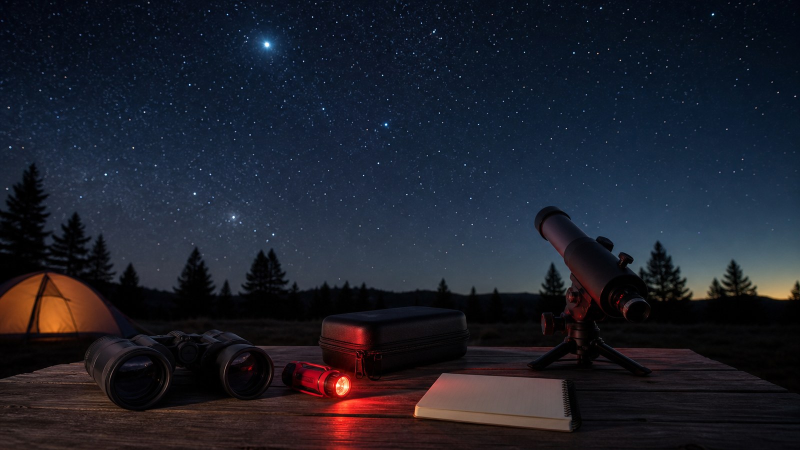 Beginner telescope and binoculars on a campsite table beneath Lyra’s summer sky
