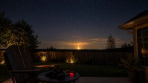 Suburban backyard with binoculars and a distant rocket glow near the horizon