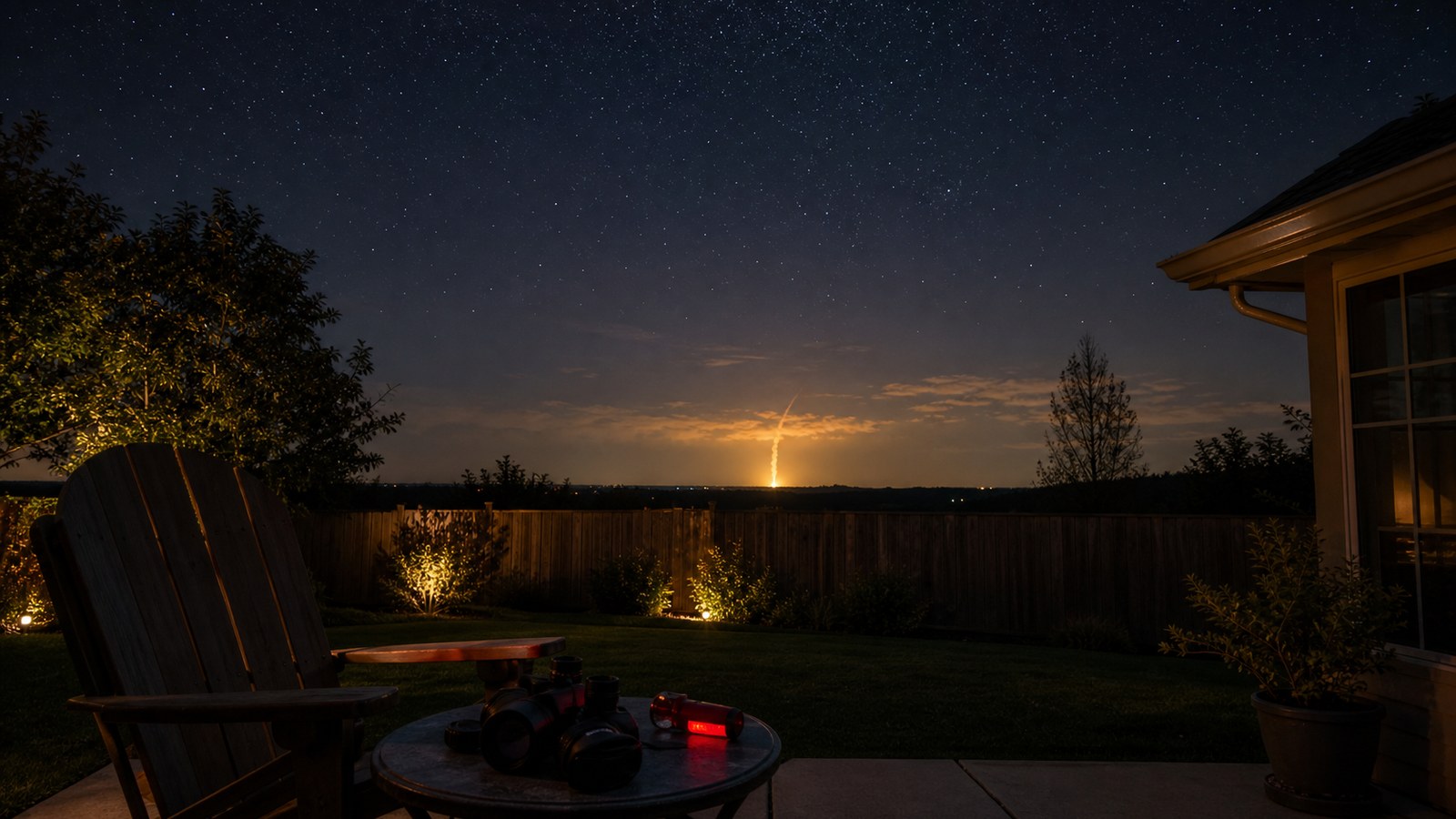 Suburban backyard with binoculars and a distant rocket glow near the horizon