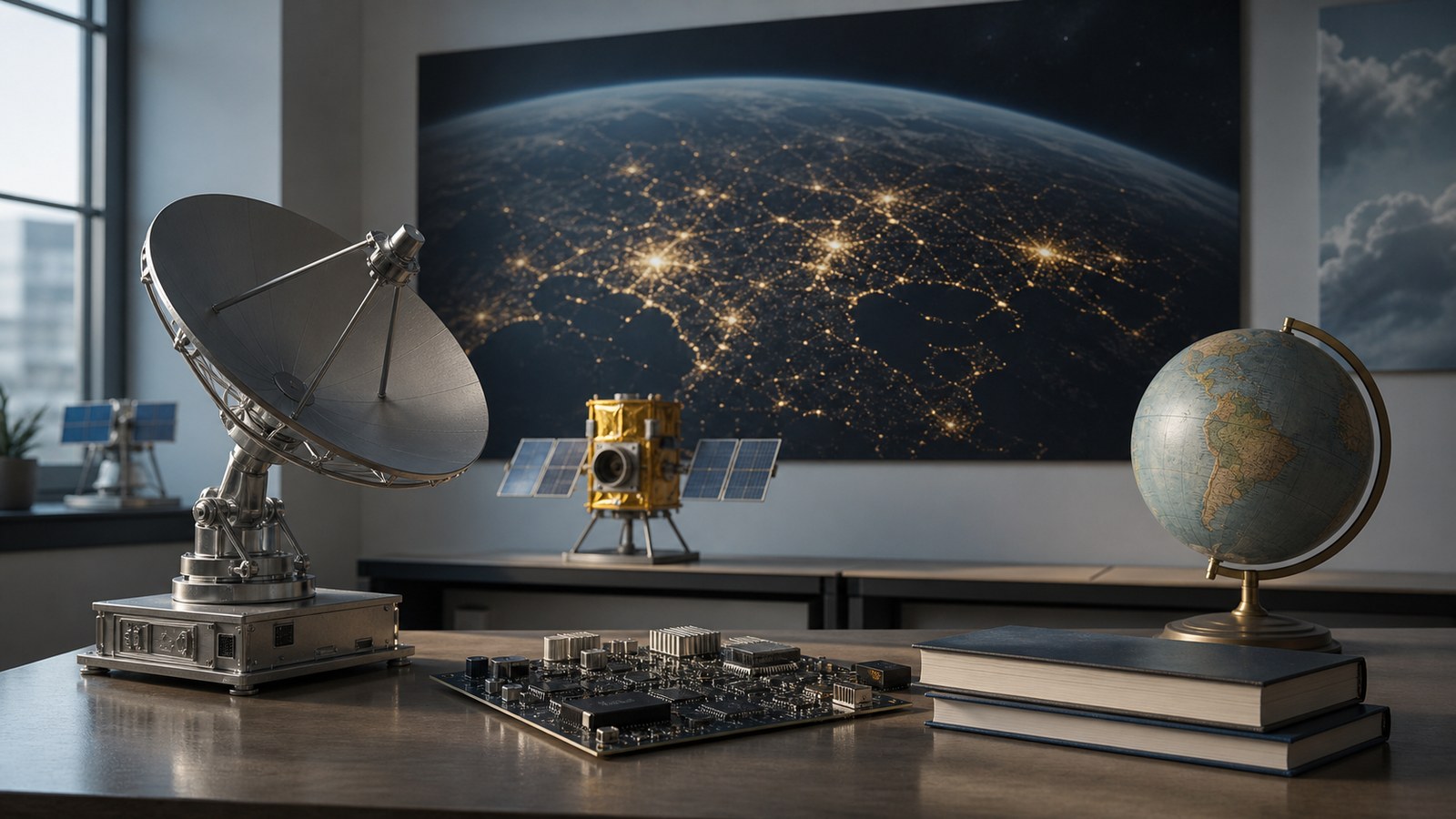 Modern room with satellite hardware and spaceflight legacy objects