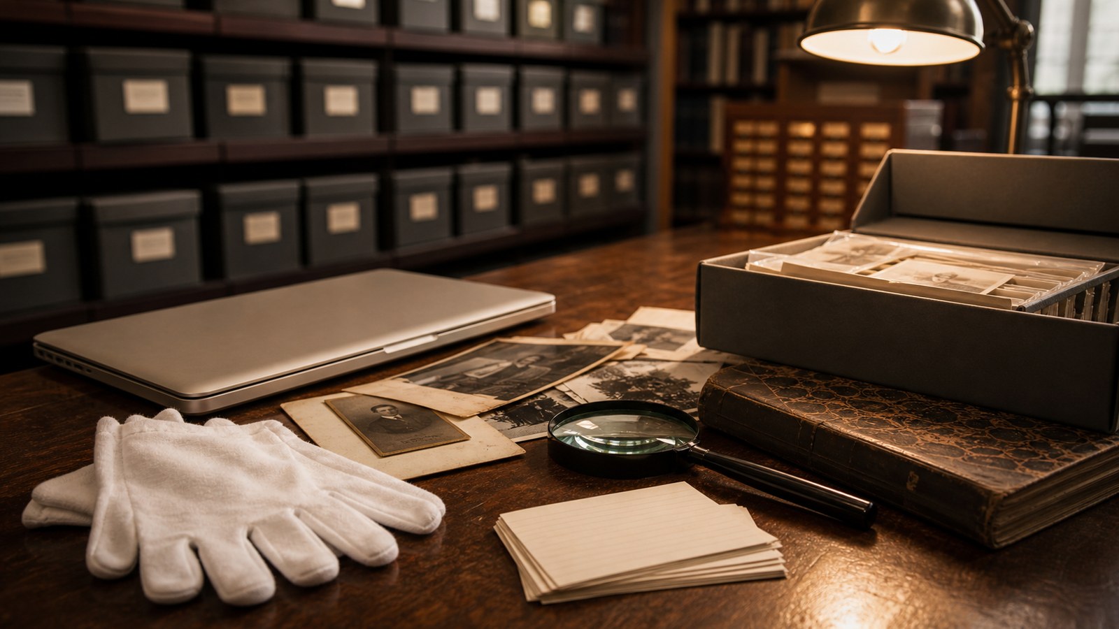 Library archive desk with closed laptop, gloves, photos, and blank index cards