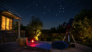 Backyard telescope and star materials under a clear night sky