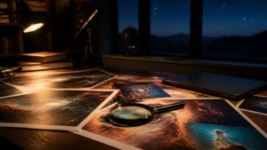Astronomy prints and magnifying glass on a nighttime study table