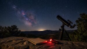 Amateur telescope and notebook under a rich star field