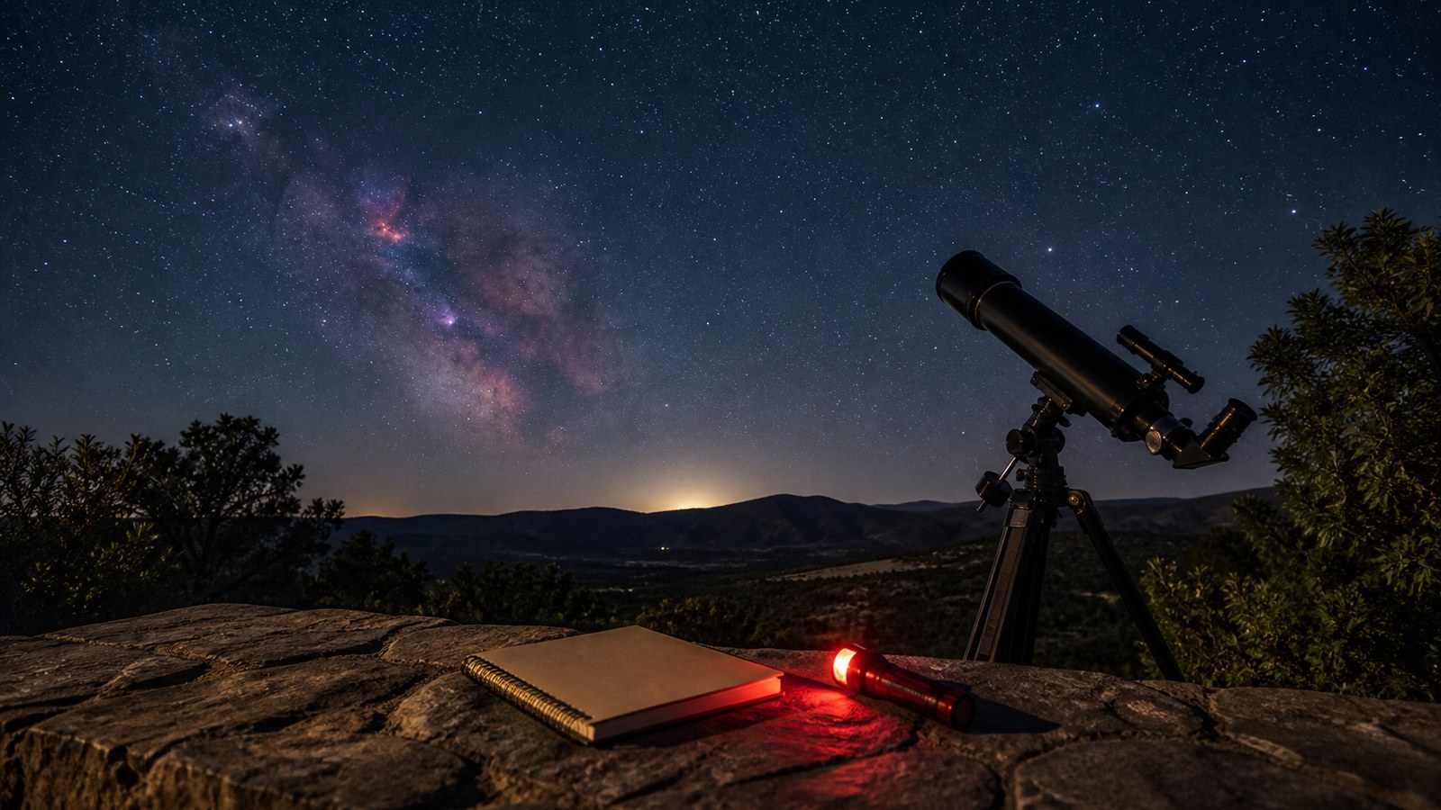 Amateur telescope and notebook under a rich star field
