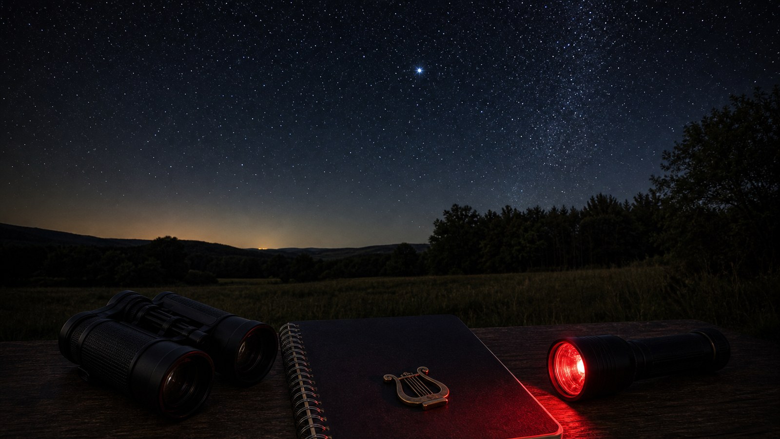 Binoculars and red flashlight beneath a bright summer star in Lyra