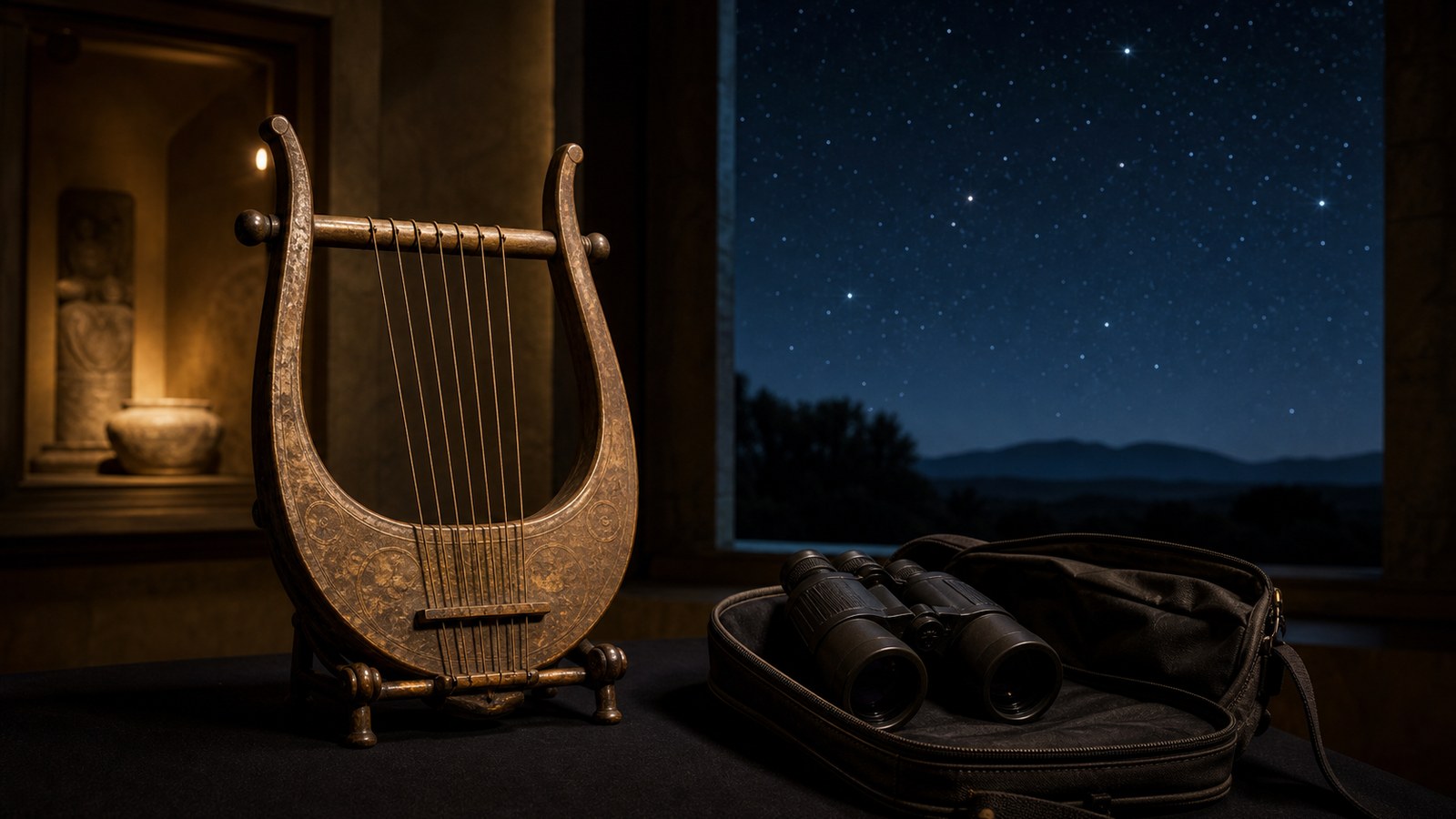 Ancient-style lyre beside binoculars with stars visible through a window