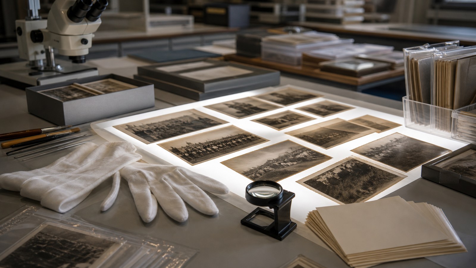 Photo conservation lab with archival prints, loupe, and gloves
