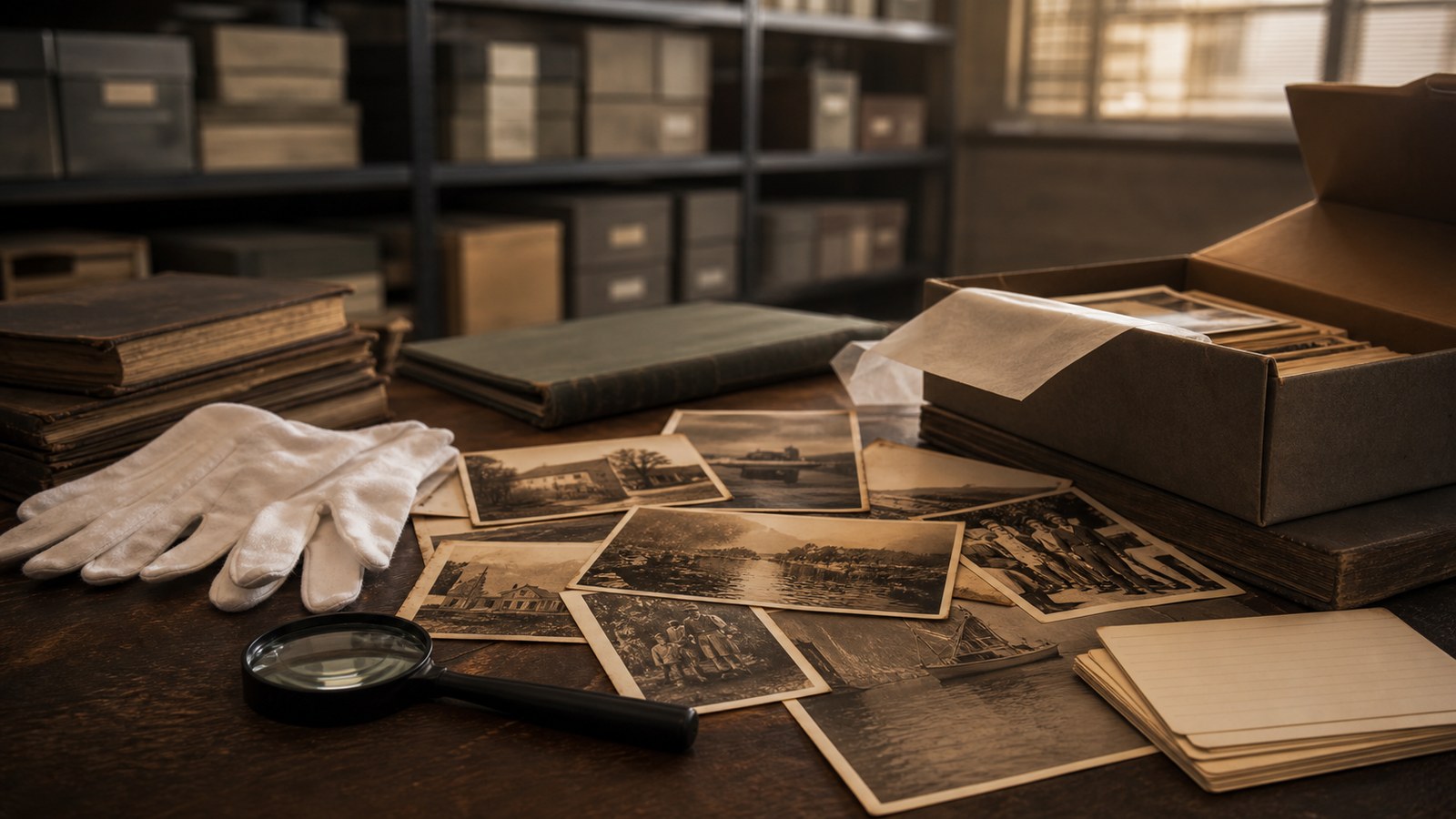 Archival table with sepia photographs, gloves, and storage boxes