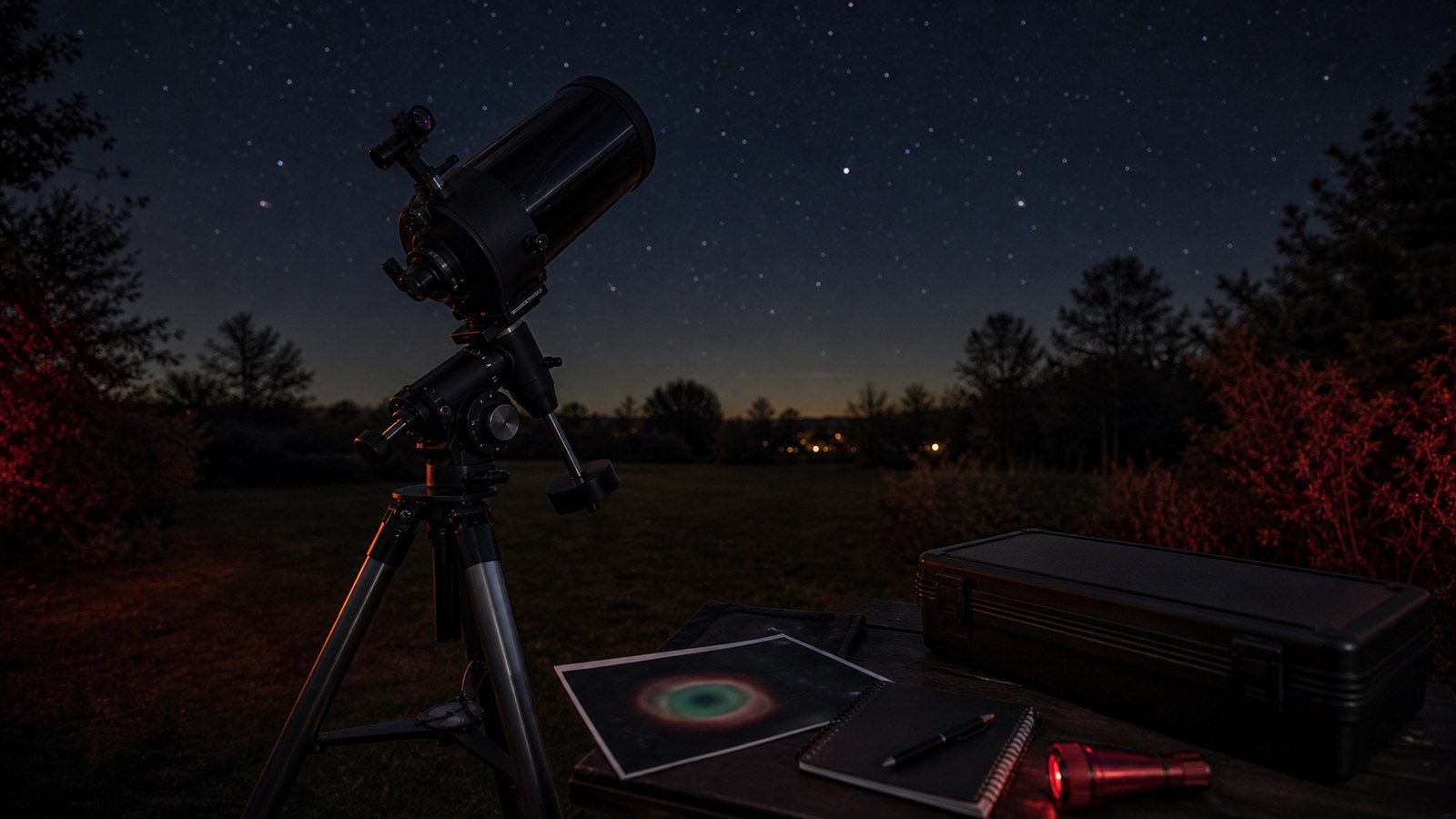 Backyard telescope setup with an unlabelled Ring Nebula image under a dark sky
