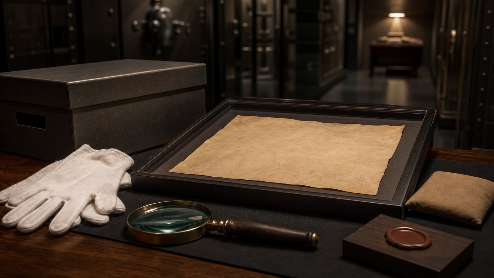 Secure archive vault table with blank parchment in a preservation case