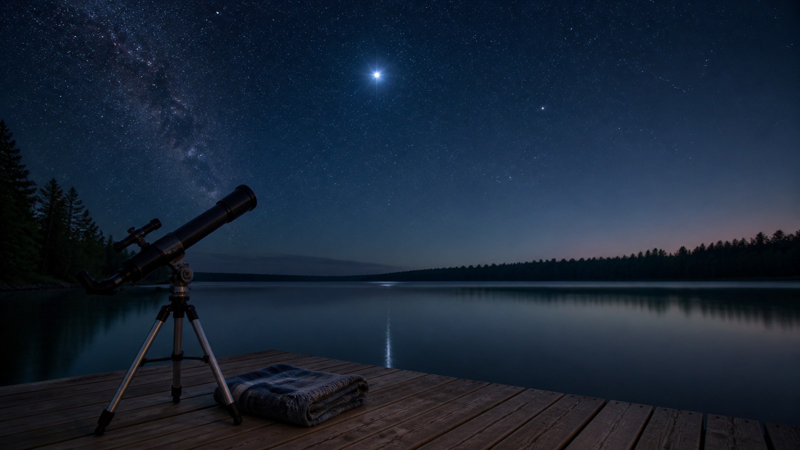 Bright blue-white Vega above a lake with a telescope on a dock