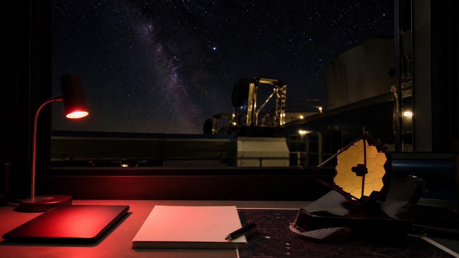 Quiet observatory operations desk with a gold segmented mirror model