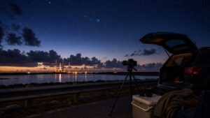 Predawn causeway launch viewing setup facing a distant Artemis pad