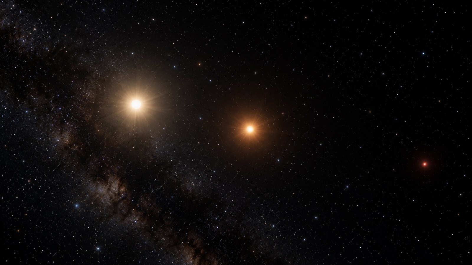 Editorial illustration of two Sun-like stars seen across an open expanse of space, with a distant faint reddish stellar point.