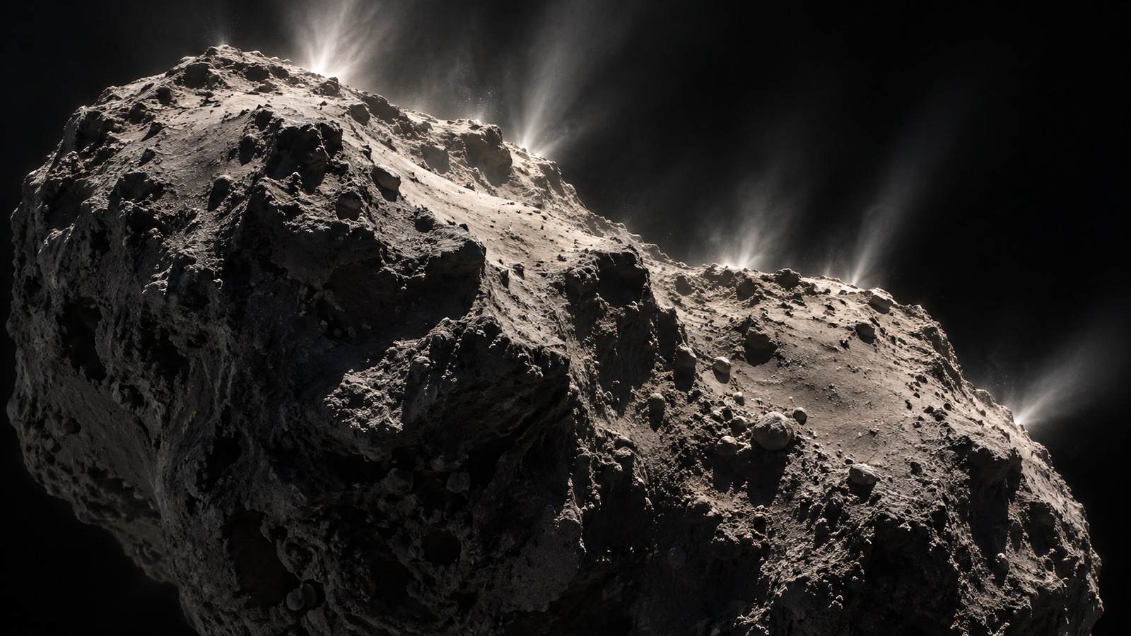 Editorial close view of a dark irregular comet nucleus releasing dust and gas from sunlit regions