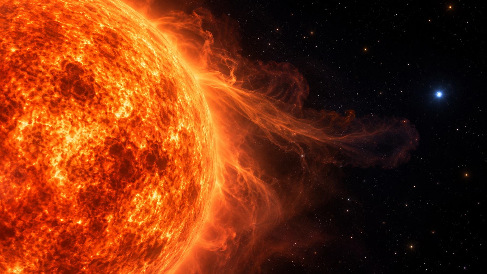 Scientific editorial illustration of a red supergiant with mottled orange convection cells and a diffuse extended atmosphere.