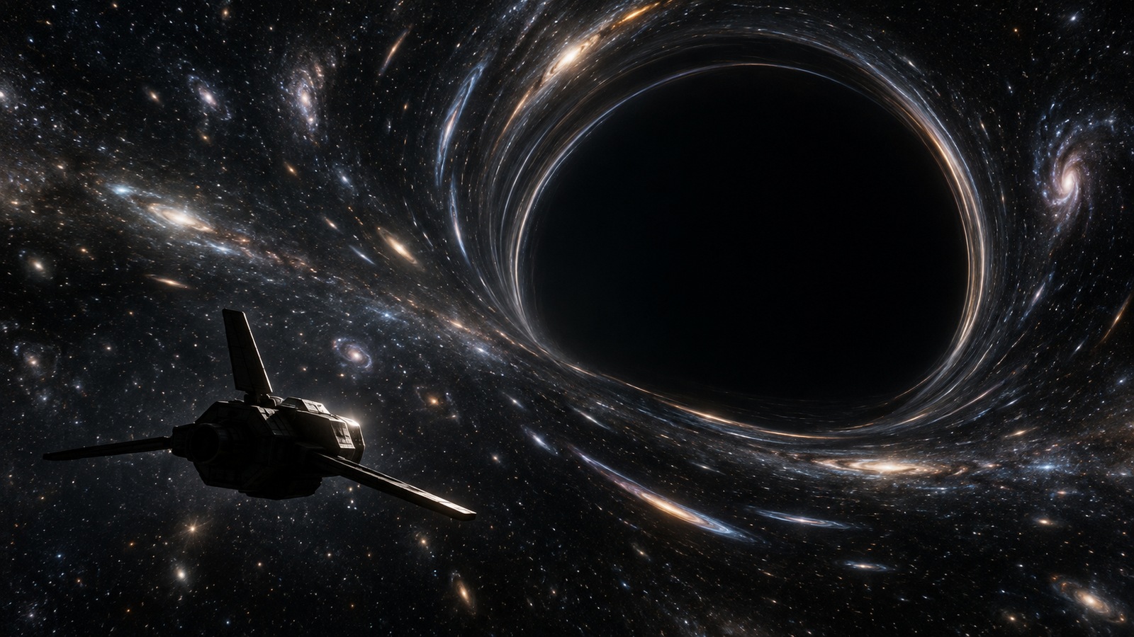 Original cinematic illustration of a small unmarked exploration craft facing a dark gravitational lens amid distant stars.