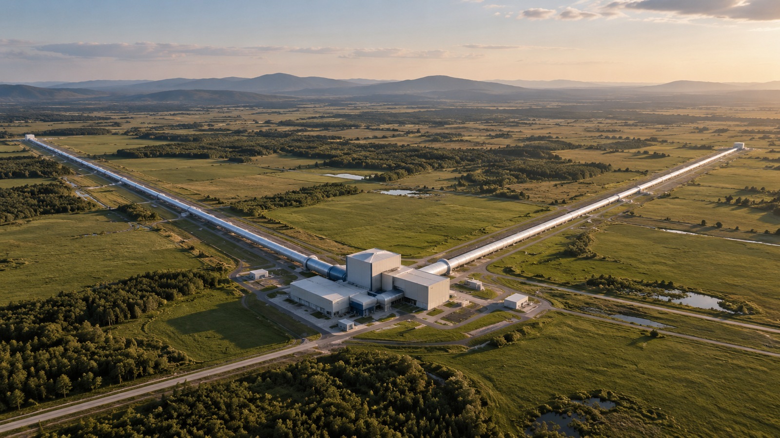 Editorial aerial view of a gravitational-wave observatory with two perpendicular enclosed instrument arms crossing open land.