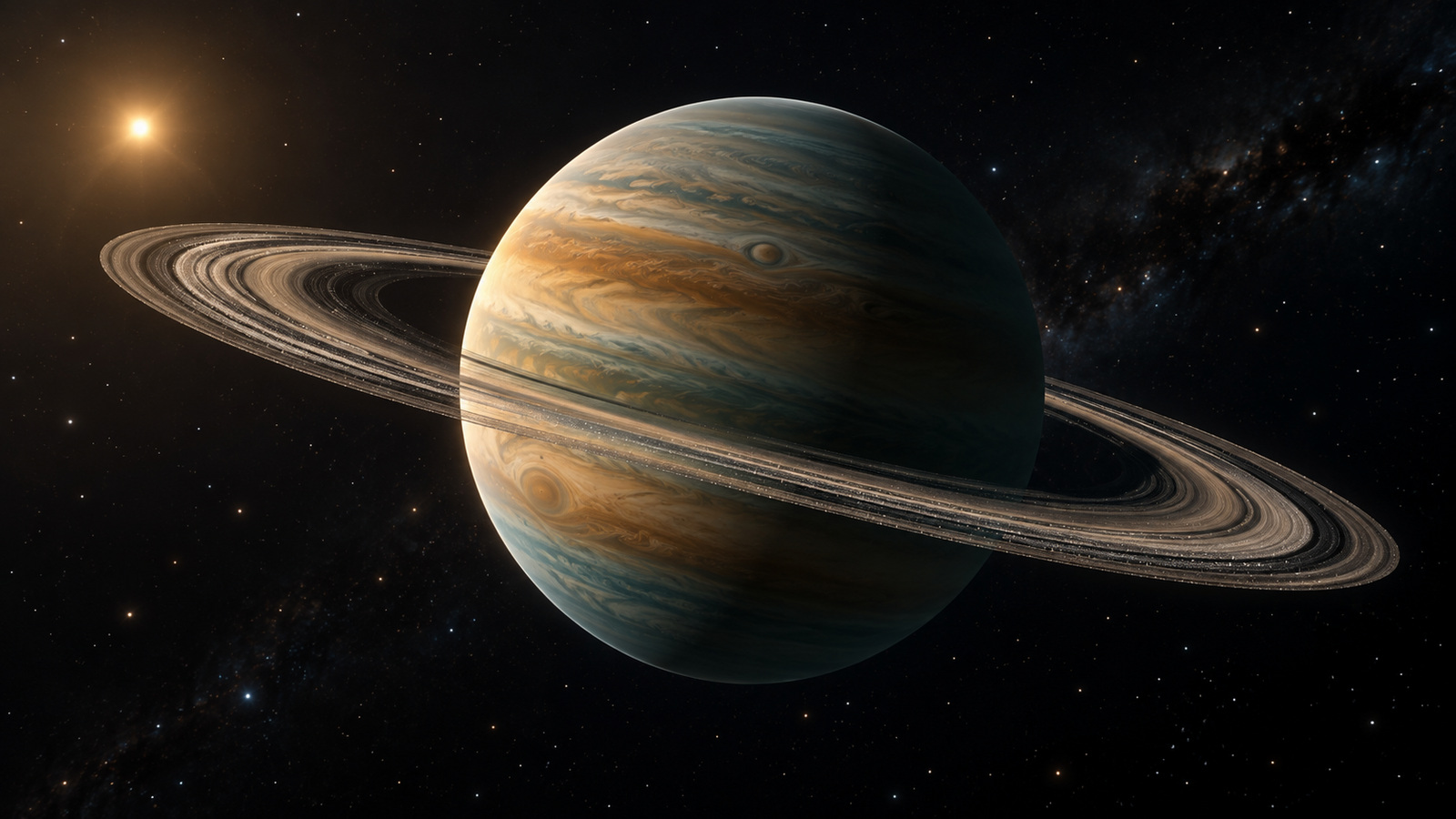 Scientific artist impression of a tilted ring system surrounding a cold gas giant under distant starlight.