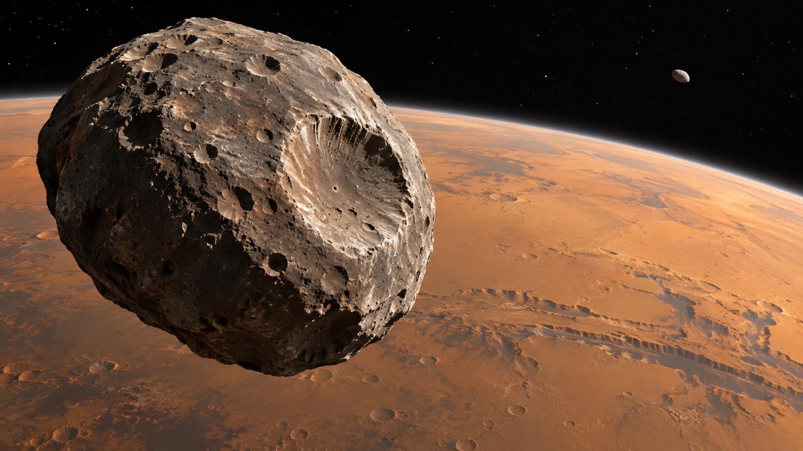 Artist impression of cratered Phobos above Mars, with much smaller distant Deimos.