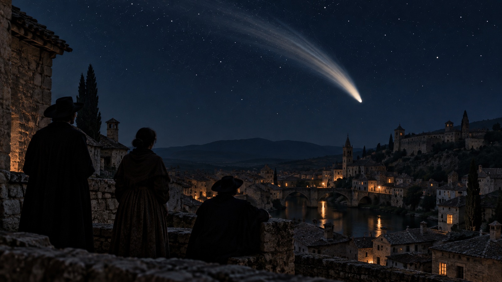 Historical editorial illustration of people observing a comet above a quiet old town at night