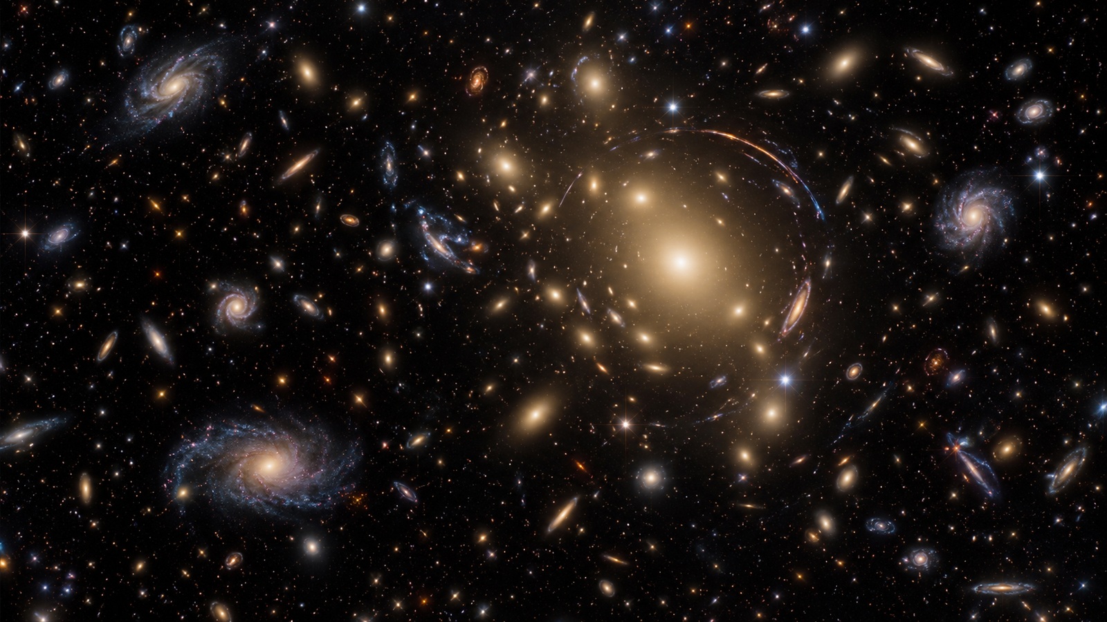 Illustration of a dense galaxy neighborhood with golden elliptical galaxies, small spirals, and faint distant arcs against dark space.