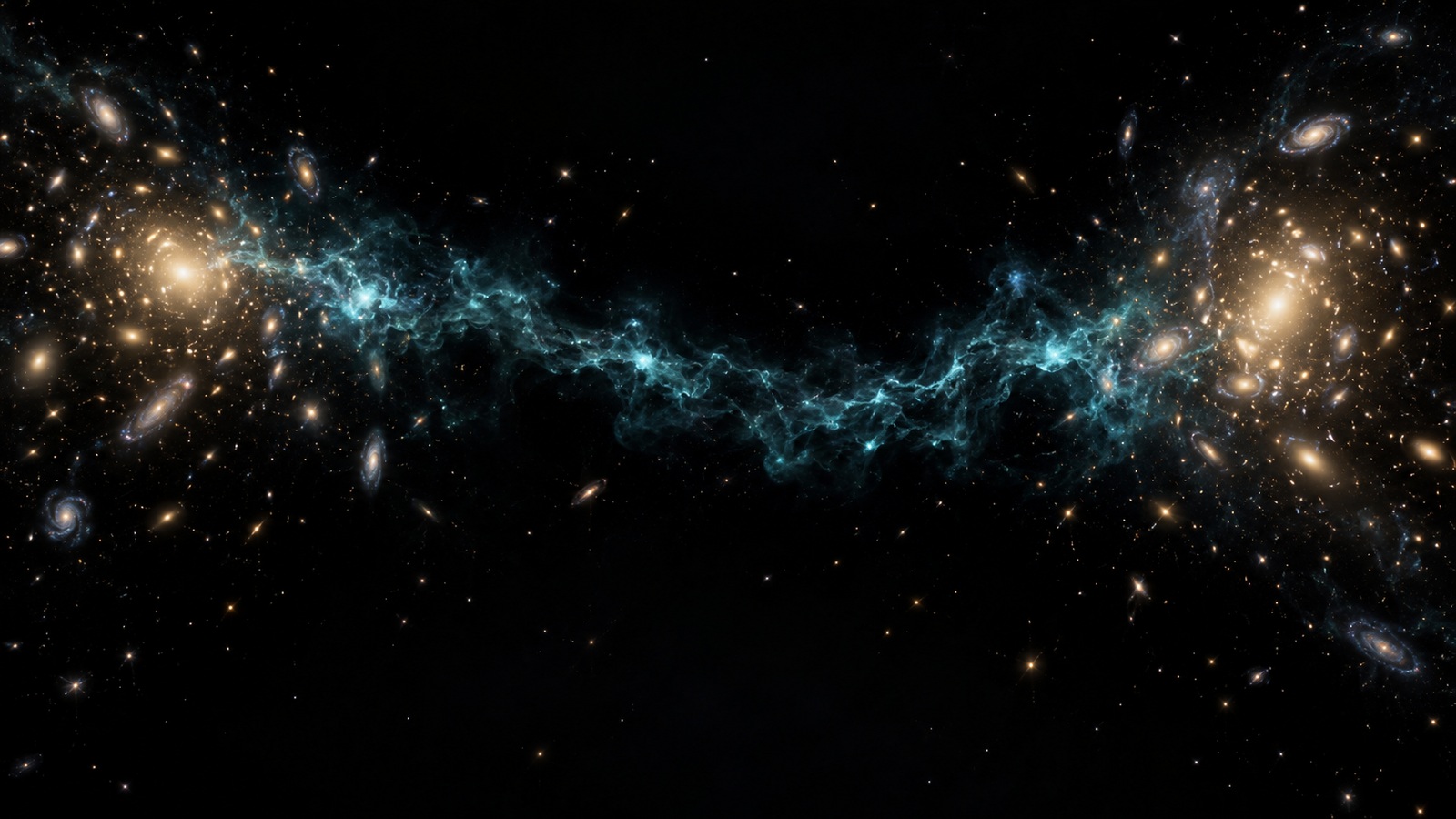 Artist's illustration of a faint irregular turquoise gas filament connecting two distant concentrations of galaxies in dark space.