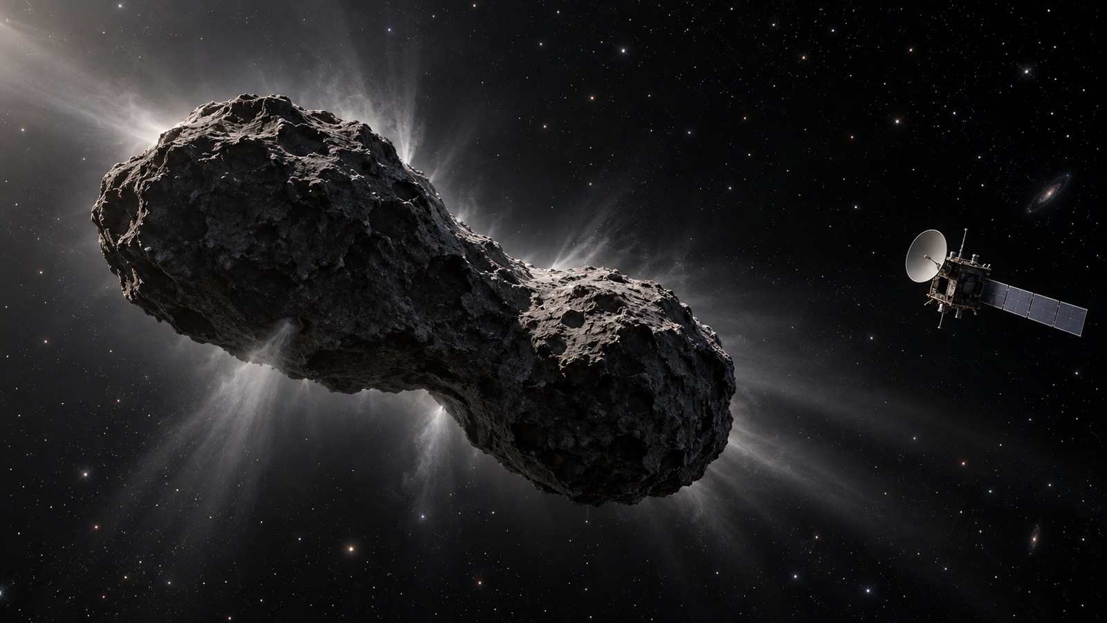 Artist's impression of an unbranded scientific spacecraft approaching a dark elongated active comet nucleus