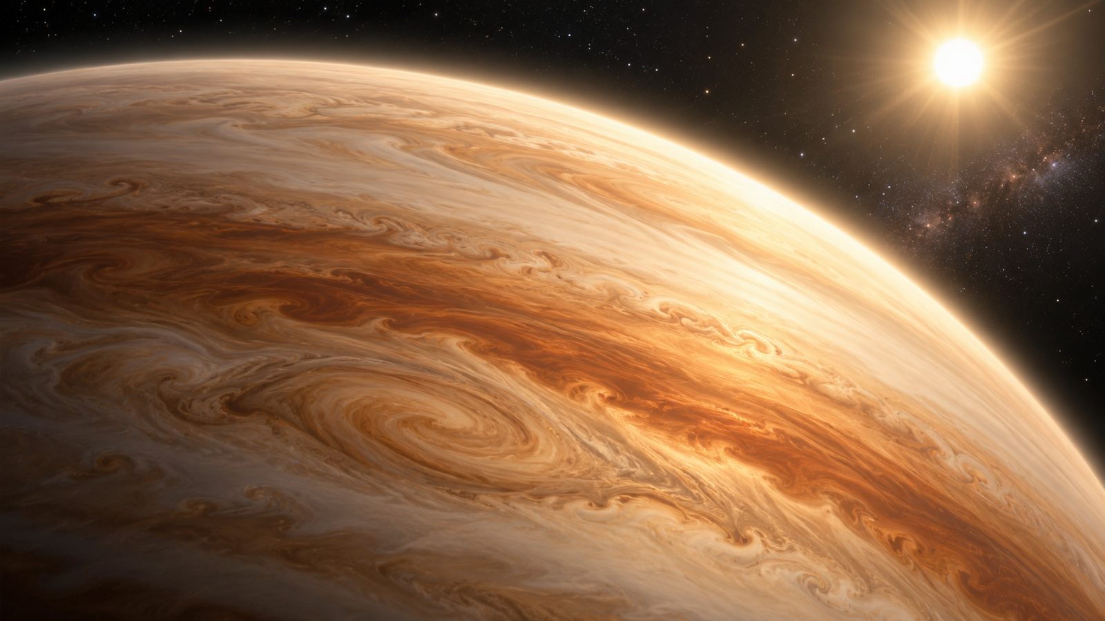 Artist impression of an inflated cream and copper gas giant with a hazy atmospheric limb illuminated by a nearby star.