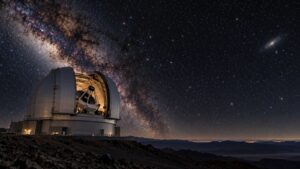 Large observatory dome with an exposed telescope on a dark desert ridge beneath stars and the Milky Way.