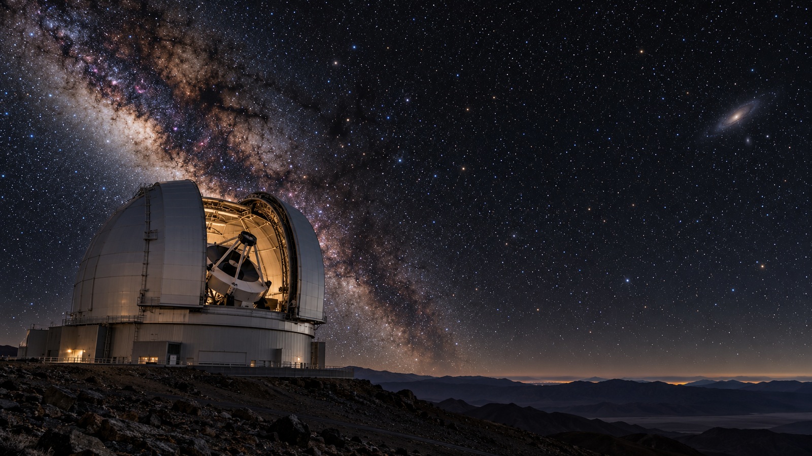 Large observatory dome with an exposed telescope on a dark desert ridge beneath stars and the Milky Way.