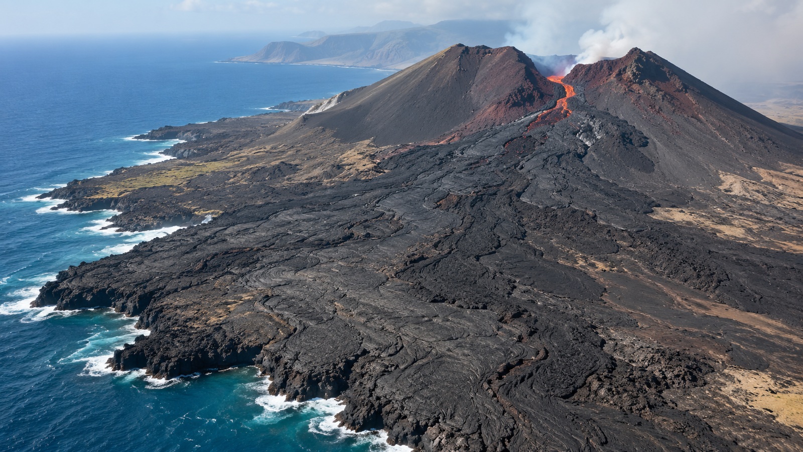 Basaltic volcanic cone above a dark lava field beside a distant blue ocean.