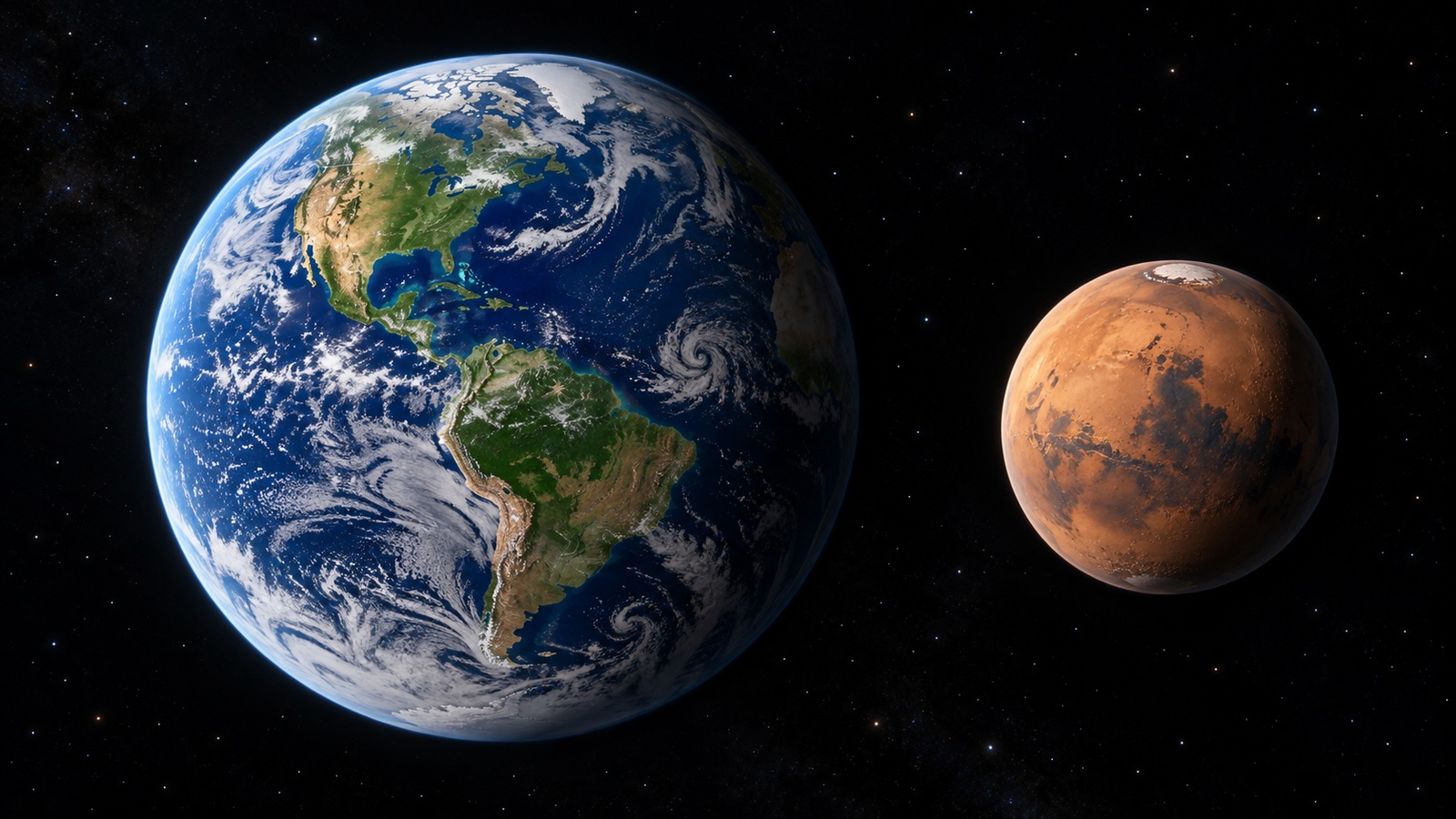 Earth's blue-and-white globe beside a smaller rust-colored Mars globe under matching illumination.